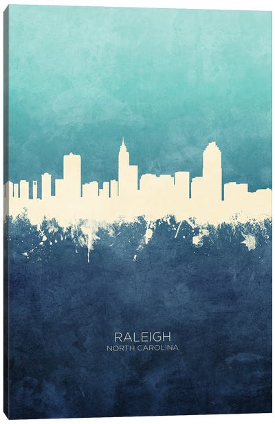 Raleigh North Carolina Skyline Navy Cyan Canvas Art Print