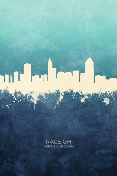 Raleigh: White On Cyan Raleigh North Carolina Skyline by Michael Tompsett