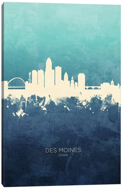 Des Moines Iowa Skyline Navy Cyan Canvas Art Print - Des Moines