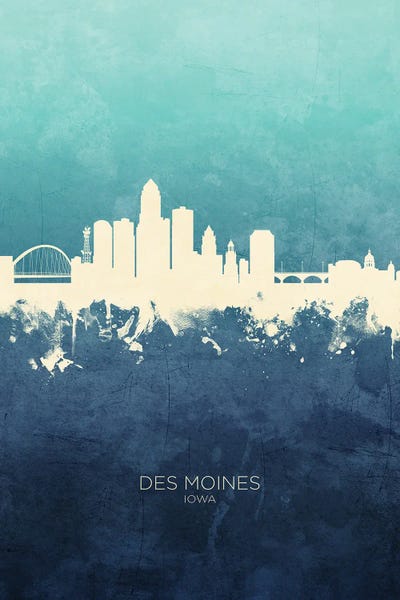 Iowa: Des Moines Iowa Skyline Navy Cyan by Michael Tompsett