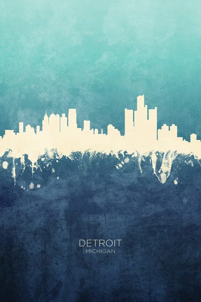 Detroit Michigan Skyline Navy Cyan by Michael Tompsett art print
