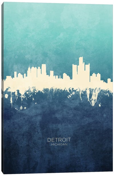 Detroit Michigan Skyline Navy Cyan Canvas Art Print - Michigan Art