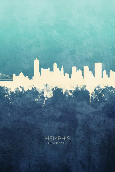 Memphis: Memphis Tennessee Skyline Navy Cyan by Michael Tompsett