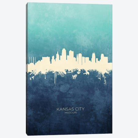 Kansas City Missouri Skyline Navy Cyan Canvas Print #MTO3186} by Michael Tompsett Canvas Print