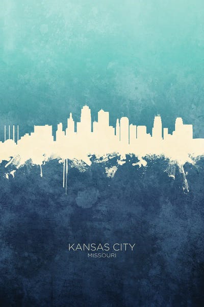 Missouri: Kansas City Missouri Skyline Navy Cyan by Michael Tompsett