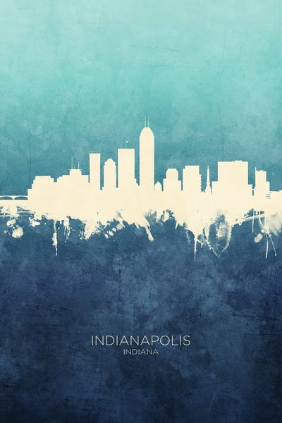 Indianapolis Indiana Skyline Navy Cyan by Michael Tompsett art print