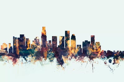 Blue Background Skyline Of Los Angeles, California, USA by Michael Tompsett art print