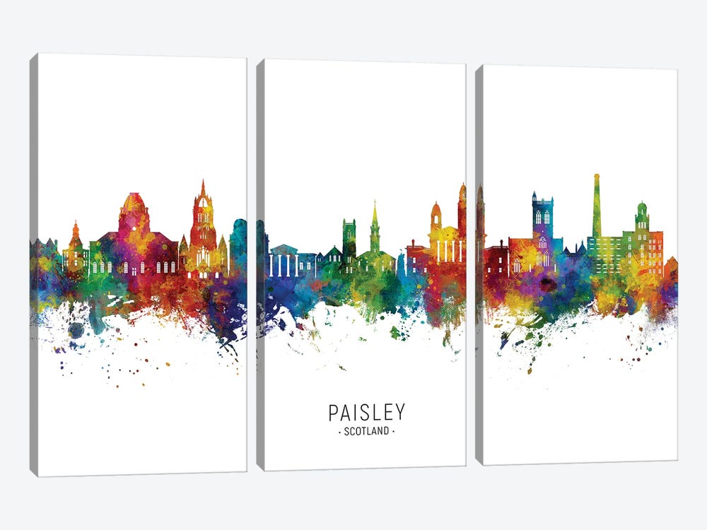 Paisley Scotland Skyline City Name by Michael Tompsett 3-piece Canvas Art Print