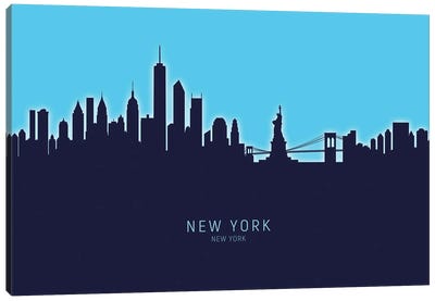 New York New York Skyline Glow Blue Canvas Art Print - Statue of Liberty Art