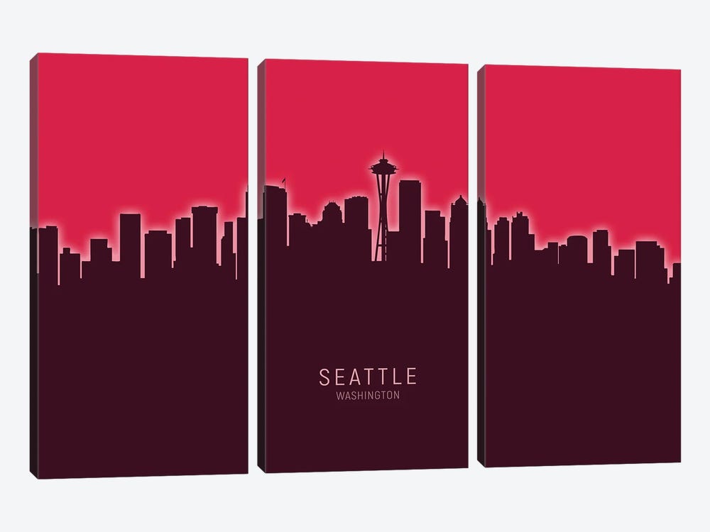 Seattle Washington Skyline Glow Red by Michael Tompsett 3-piece Canvas Art