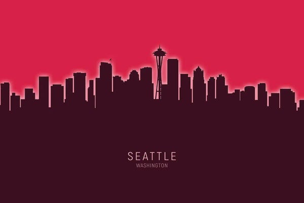 Seattle Skylines: Seattle Washington Skyline Glow Red by Michael Tompsett