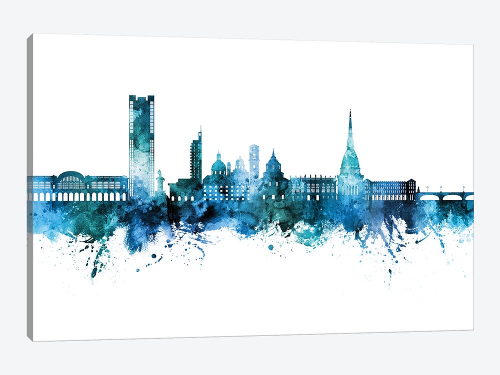 Turin Italy Skyline Blue Teal by Michael Tompsett 1-piece Canvas Print