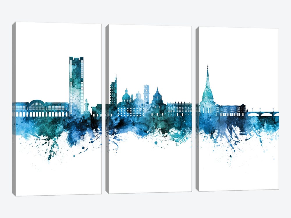 Turin Italy Skyline Blue Teal by Michael Tompsett 3-piece Canvas Print