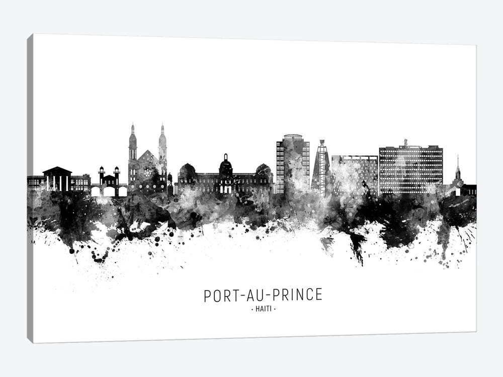 Port Au Prince Haiti Skyline Name Black & White by Michael Tompsett 1-piece Canvas Print