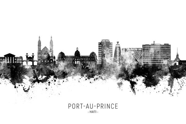 Haiti: Port Au Prince Haiti Skyline Name Black & White by Michael Tompsett