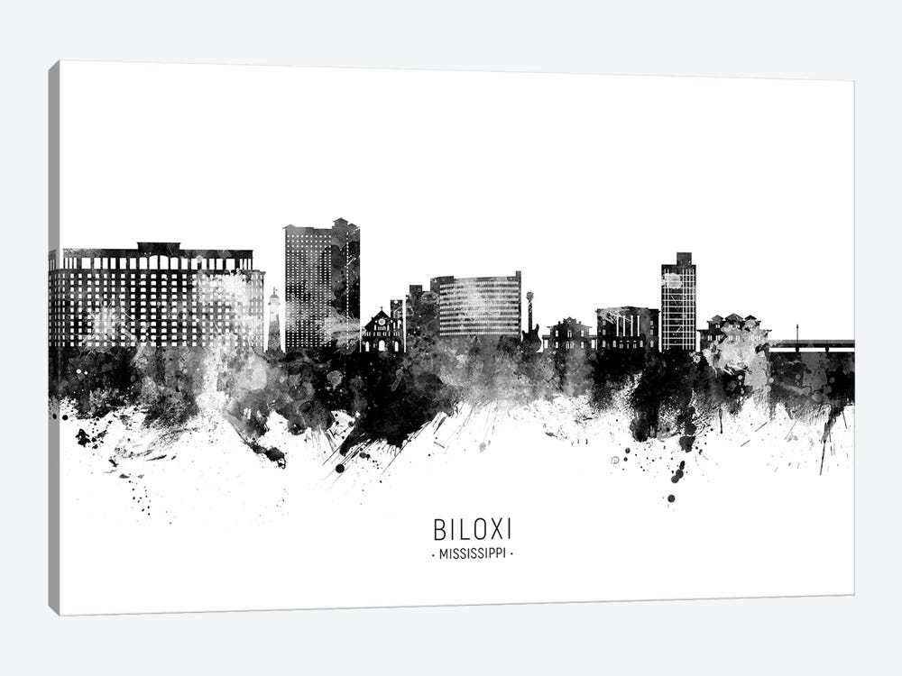 Biloxi Mississippi Skyline Name Black & White by Michael Tompsett 1-piece Canvas Art Print