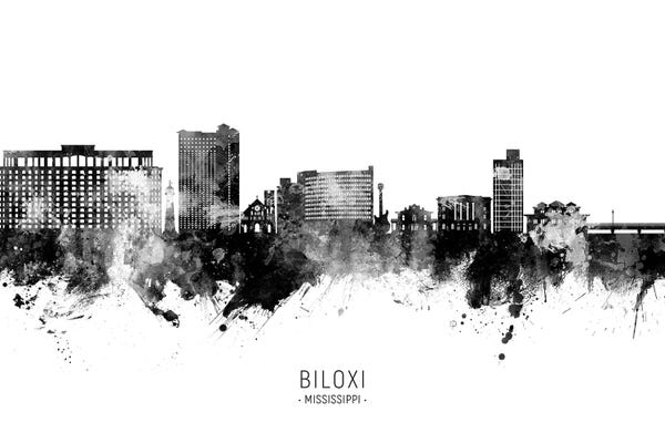 Mississippi: Biloxi Mississippi Skyline Name Black & White by Michael Tompsett