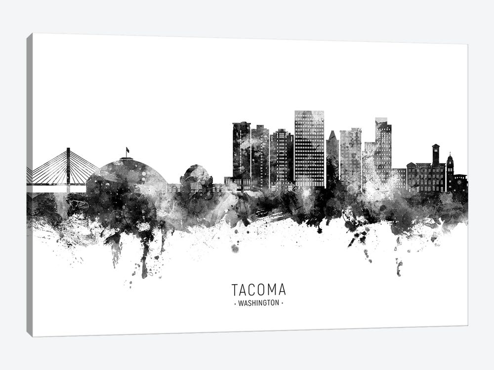 Tacoma Washington Skyline Name Black & White by Michael Tompsett 1-piece Canvas Art