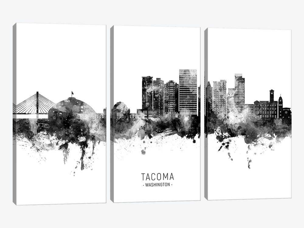 Tacoma Washington Skyline Name Black & White by Michael Tompsett 3-piece Canvas Art