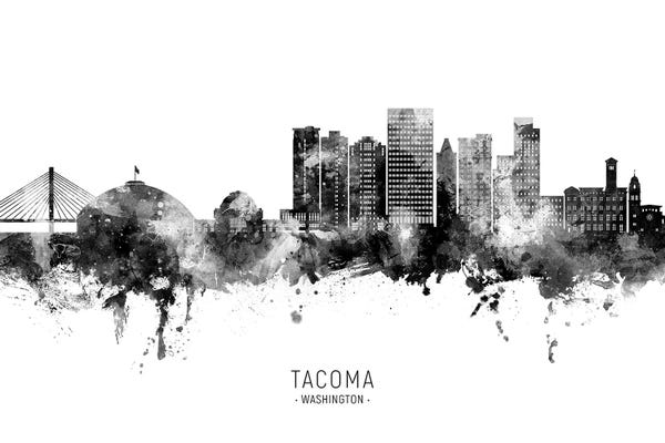 Tacoma: Tacoma Washington Skyline Name Black & White by Michael Tompsett