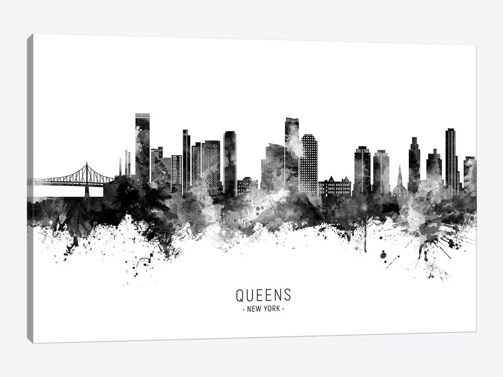 Queens New York Skyline Name Black & White by Michael Tompsett 1-piece Canvas Wall Art