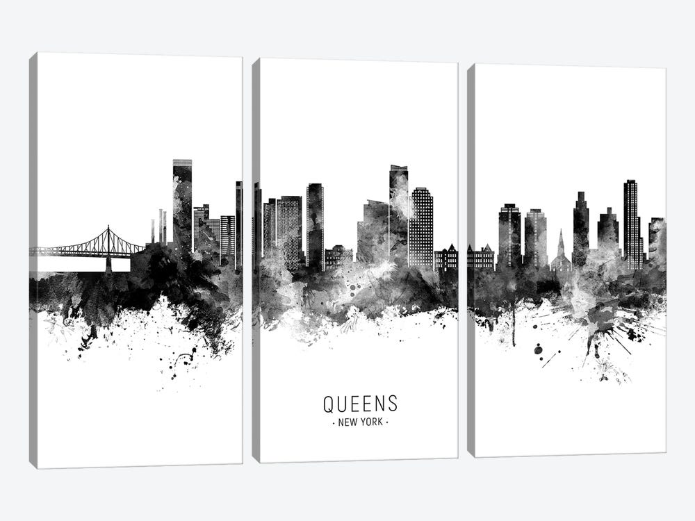 Queens New York Skyline Name Black & White by Michael Tompsett 3-piece Canvas Wall Art