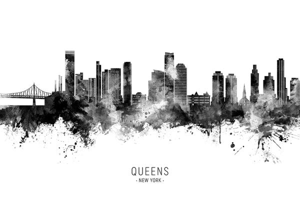 Queens: Queens New York Skyline Name Black & White by Michael Tompsett