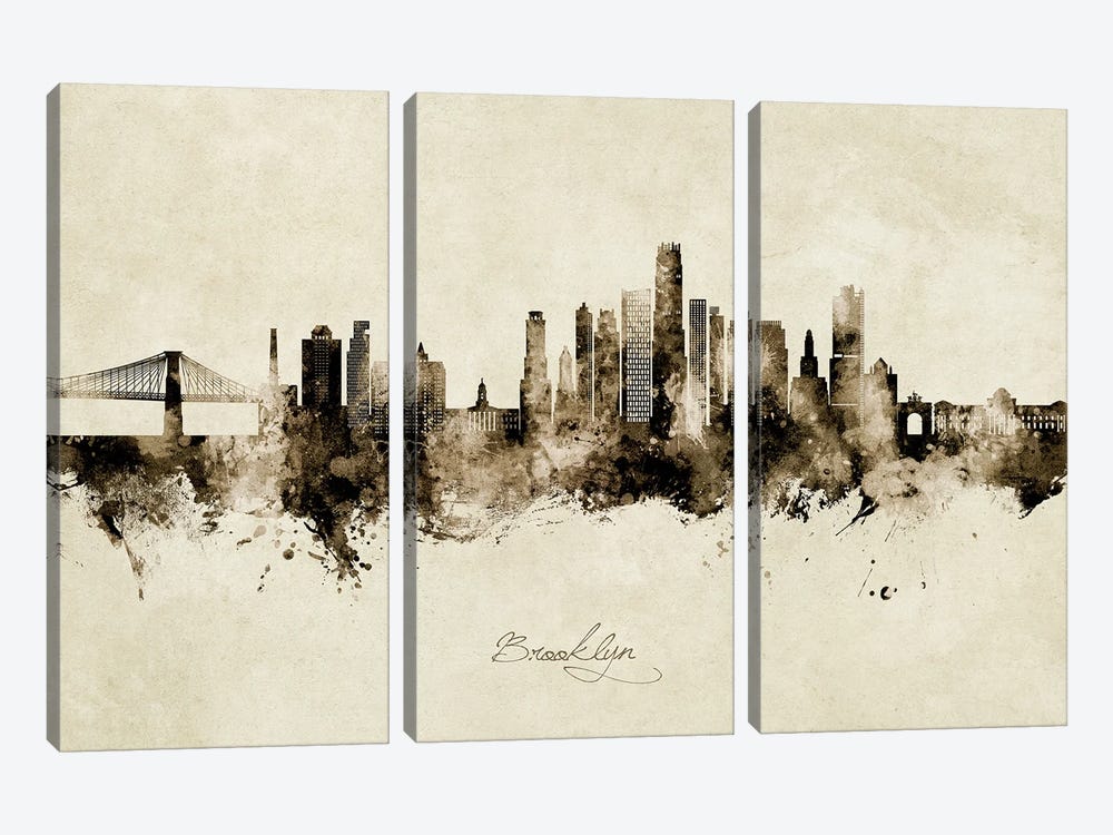 Brooklyn New York Skyline Vintage by Michael Tompsett 3-piece Canvas Art