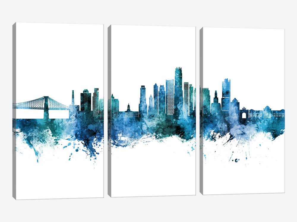 Brooklyn New York Skyline Blue Teal by Michael Tompsett 3-piece Canvas Wall Art