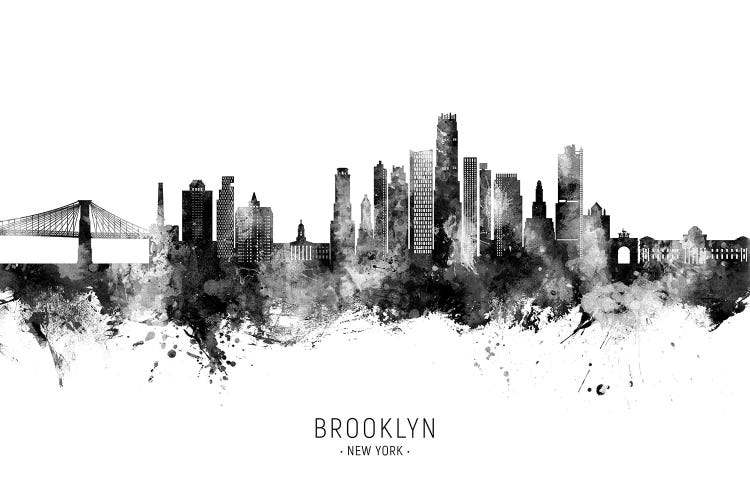 Brooklyn New York Skyline Name Black & White by Michael Tompsett wall art