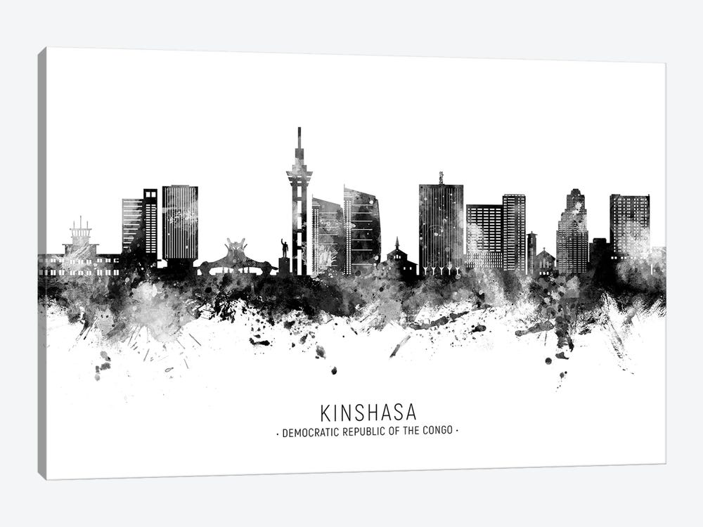Kinshasa Skyline Name Black & White by Michael Tompsett 1-piece Canvas Print