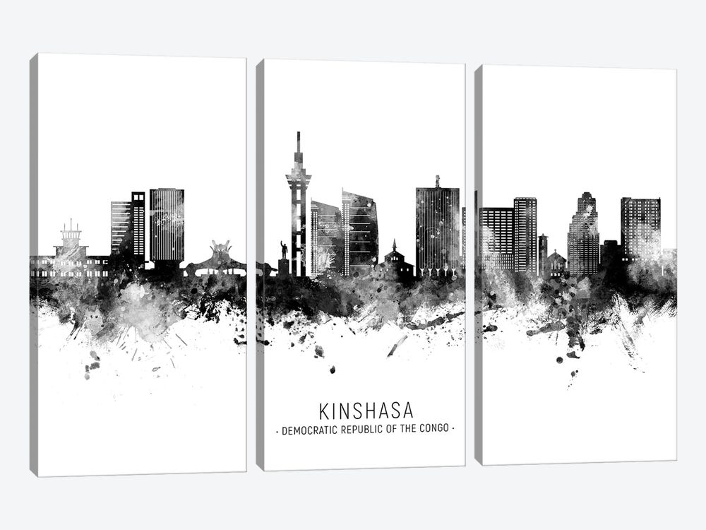 Kinshasa Skyline Name Black & White by Michael Tompsett 3-piece Canvas Print