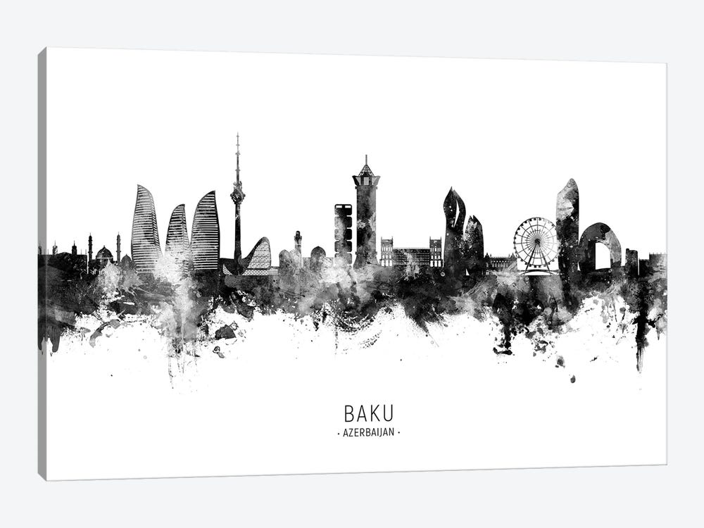 Baku Azerbaijan Skyline Name Black & White by Michael Tompsett 1-piece Canvas Artwork