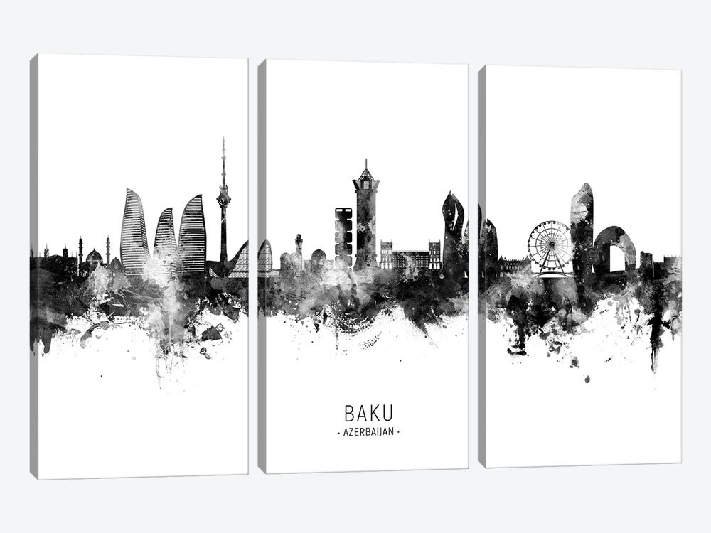 Baku Azerbaijan Skyline Name Black & White by Michael Tompsett 3-piece Canvas Wall Art