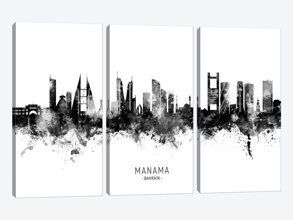 Manama Bahrain Skyline Name Black & White by Michael Tompsett 3-piece Canvas Art