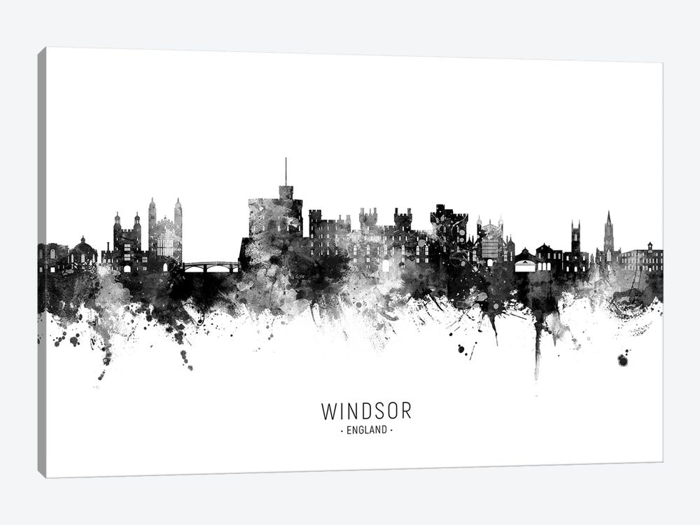 Windsor England Skyline Name Black & White by Michael Tompsett 1-piece Canvas Art