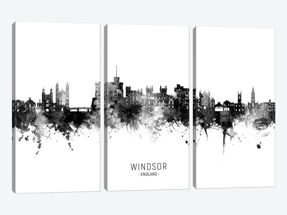 Windsor England Skyline Name Black & White by Michael Tompsett 3-piece Canvas Art