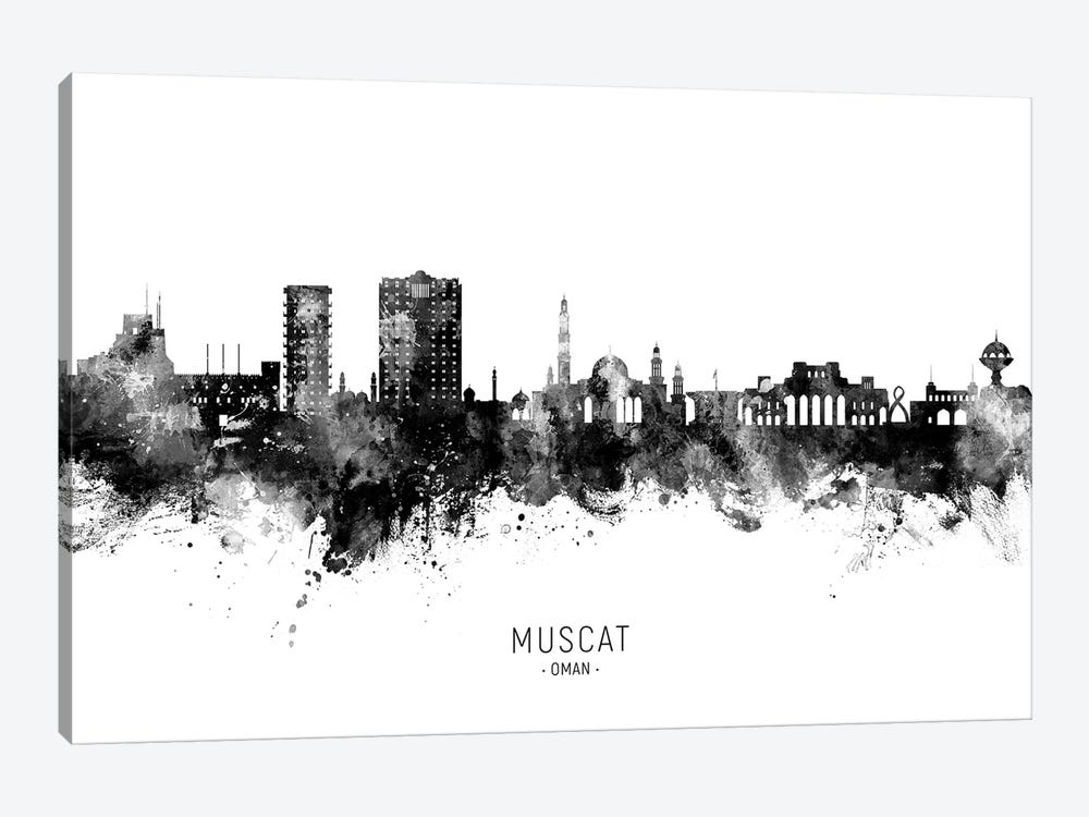 Muscat Oman Skyline Name Black & White by Michael Tompsett 1-piece Art Print