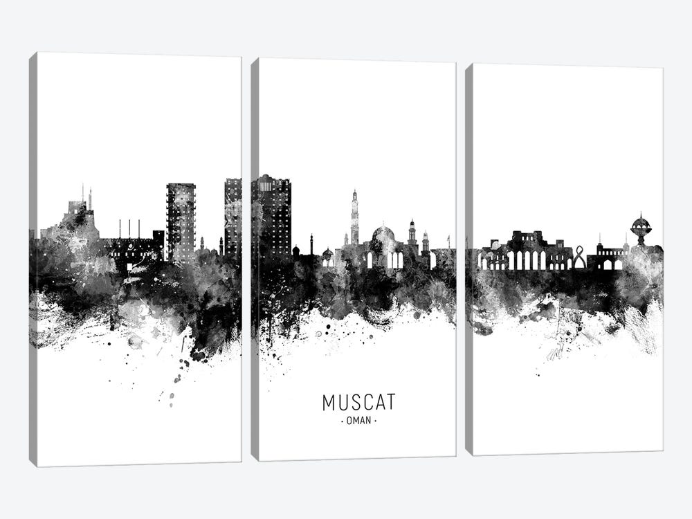 Muscat Oman Skyline Name Black & White by Michael Tompsett 3-piece Canvas Art Print