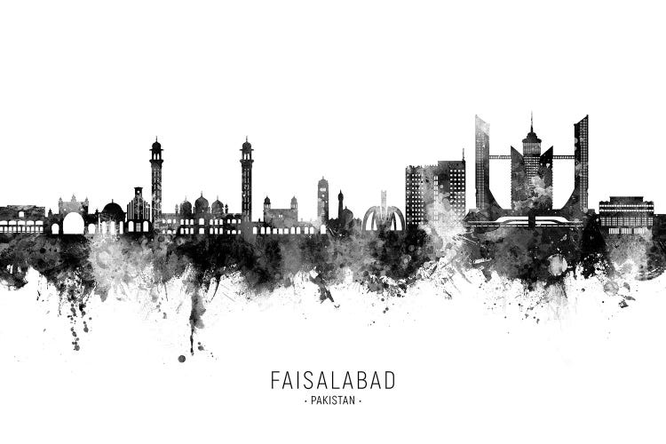 Faisalabad Pakistan Skyline Name Black & White by Michael Tompsett wall art