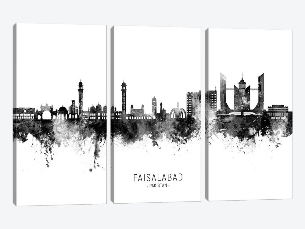 Faisalabad Pakistan Skyline Name Black & White by Michael Tompsett 3-piece Canvas Print