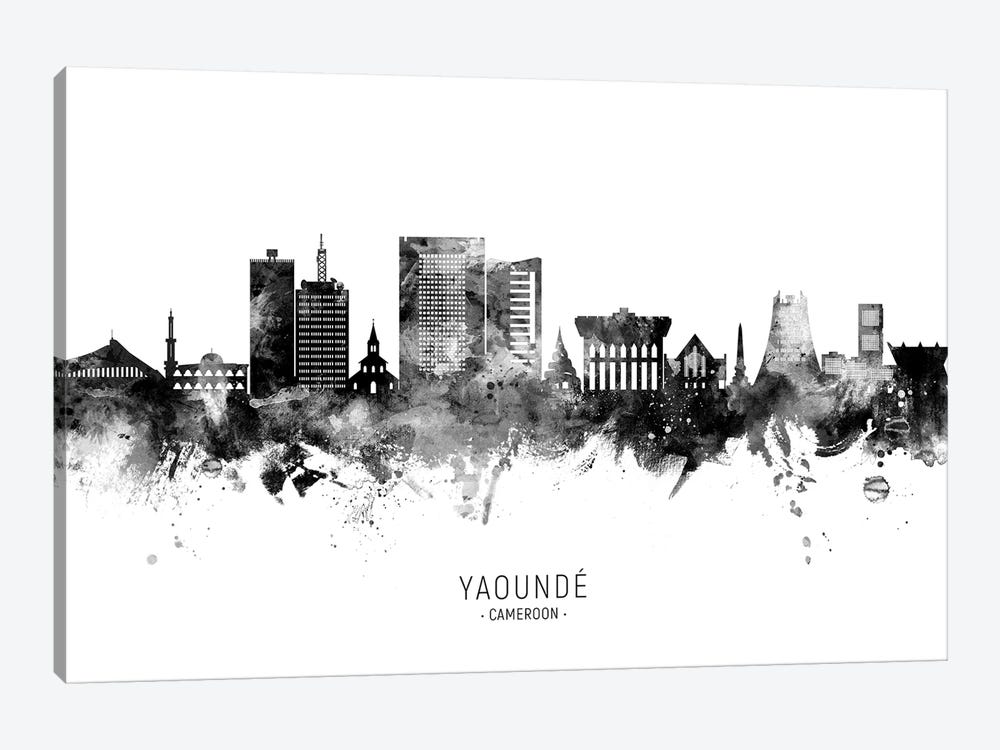 Yaounde Cameroon Skyline Name Black & White by Michael Tompsett 1-piece Canvas Art Print