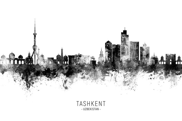 Tashkent Uzbekistan Skyline Name Black & White by Michael Tompsett wall art