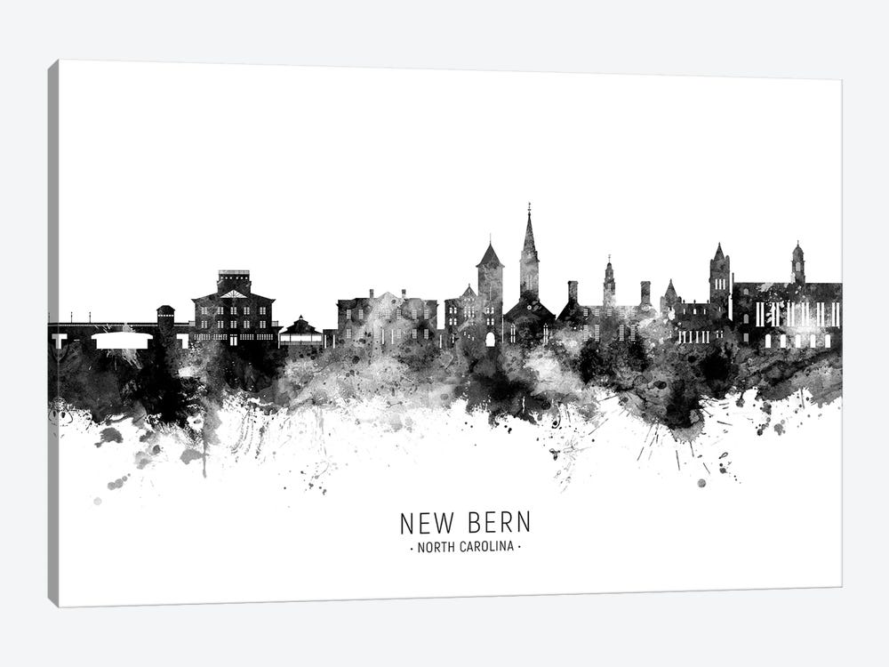 New Bern North Carolina Skyline Name Bw by Michael Tompsett 1-piece Art Print
