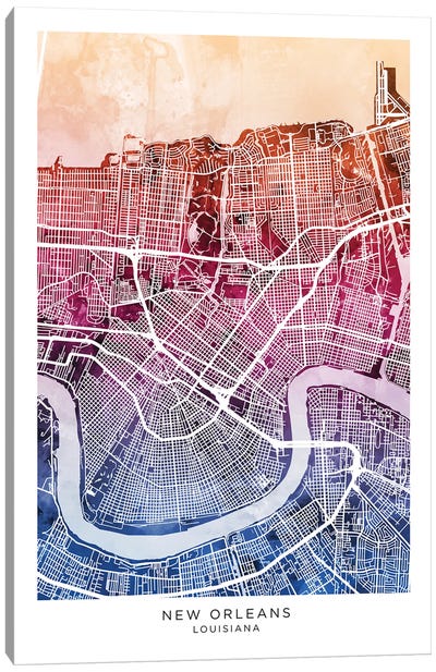 New Orleans Map Bluepink Canvas Art Print - New Orleans Maps
