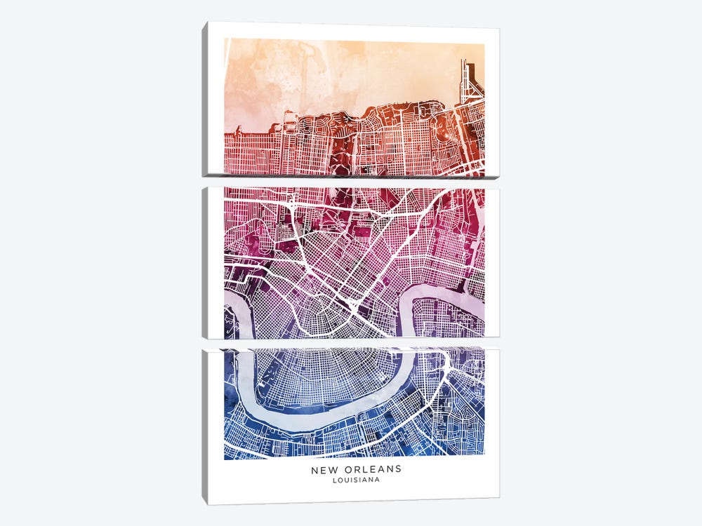 New Orleans Map Bluepink by Michael Tompsett 3-piece Canvas Print