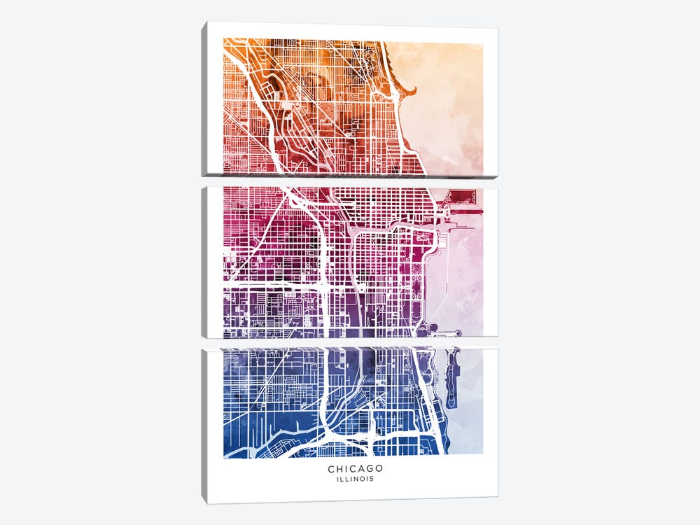 Chicago Map Bluepink by Michael Tompsett 3-piece Canvas Art Print