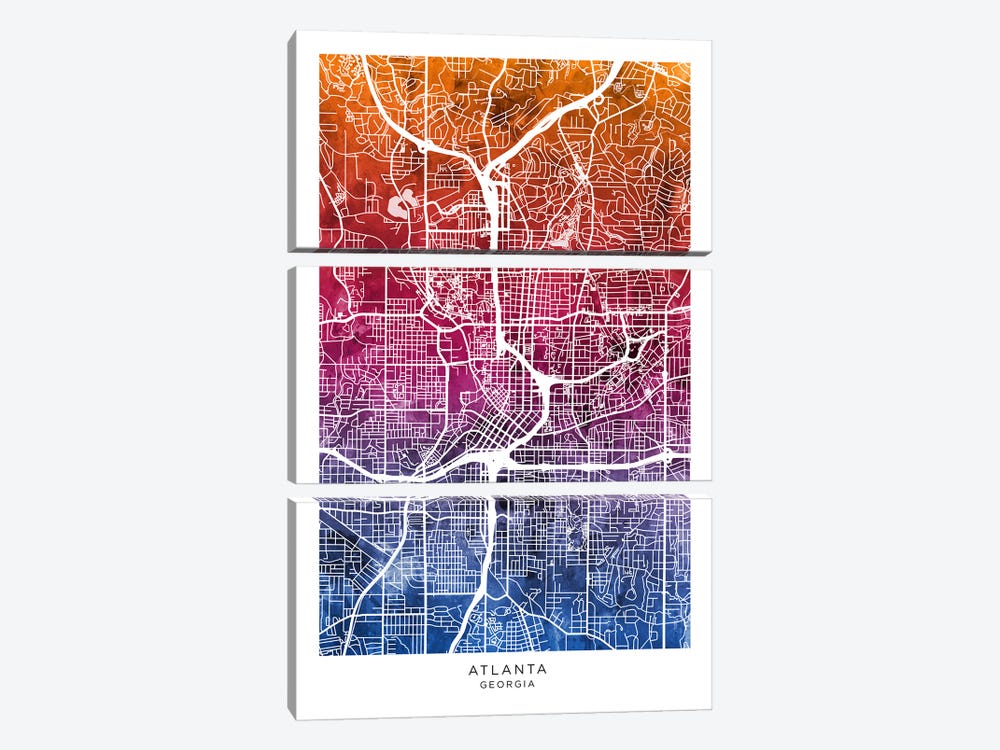 Atlanta Map Bluepink by Michael Tompsett 3-piece Canvas Artwork
