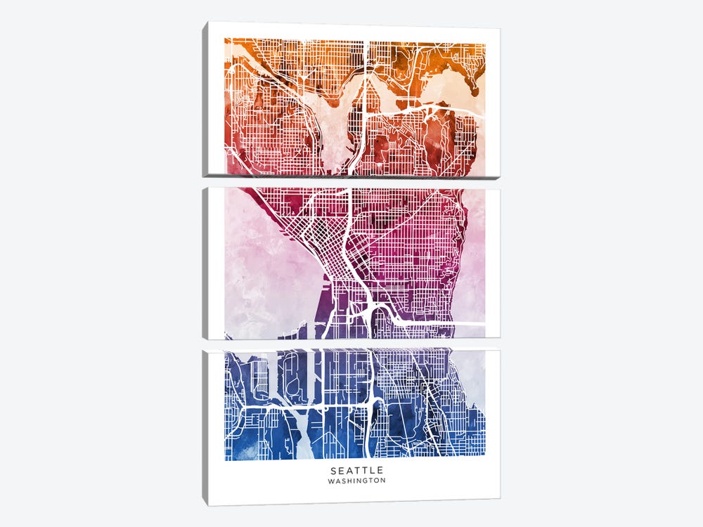 Seattle Map Bluepink by Michael Tompsett 3-piece Canvas Artwork
