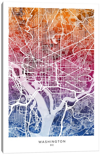 Washington Map Bluepink Canvas Art Print - Washington D.C. Art